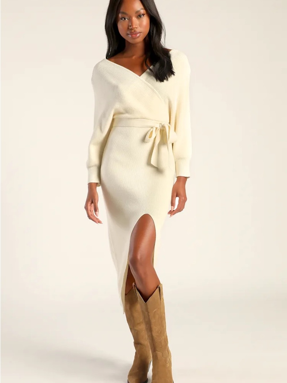 Lulu's Ivory Wrap Knit Midi Dress with Side Slit